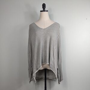 Free People Waffle Knit Top S Green Gray Thermal Long Sleeve Oversize Boho Tee